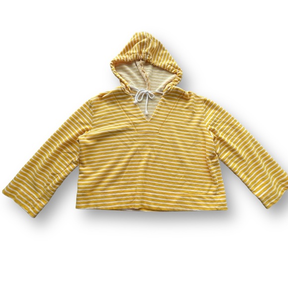 Loft Outlet Yellow/White Stripe Cropped Terrycloth Hooded Sweater Women's Med - Picture 1 of 8